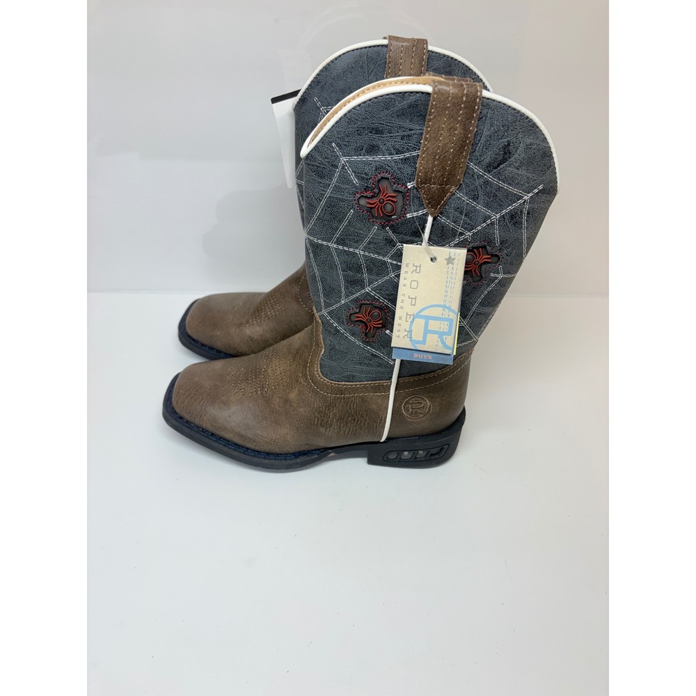 Roper Western Lights Boys 11 Cowboy Boots Brown Gray Spider Web Light Up